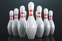 Ten Bowling Pins On The Floor. Close-up