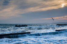 Stormy Sea Water Running Over The Breakwater. Seascape