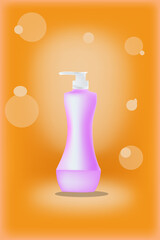 Wall Mural - Pink cosmetic dispenser on orange background with bubbles. Place for brand