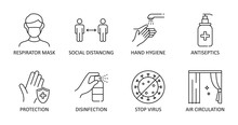 Vector Icons. Reopening Guidance For Cleaning And Disinfecting Public Spaces. Editable Stroke. Respirator Mask Distance Hand Hygiene Antiseptics. Disinfection Protection, Stop Virus Air Ventilation