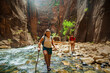 © Brocreative - Group of diverse people hiking through a river at Zion National Park. Exploring the beauty of the Narrows and the beautiful canyons of southern Utah.