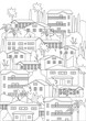 Coloring page with tropical village and palm trees, outline vector stock illustration with colorless architecture