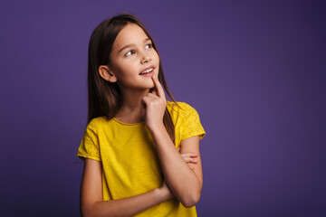 Photo of happy nice girl smiling and looking aside