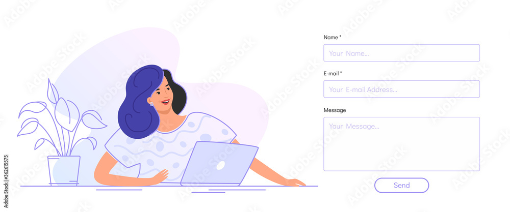 Contact and feedback blank form. Flat smiling woman sitting with laptop and looking at contact empty form on a website. Sending a message via feedback form template design on white background - obrazy, fototapety, plakaty 