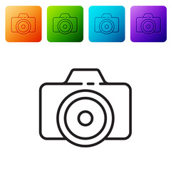 Sticker - Black line Photo camera icon isolated on white background. Foto camera icon. Set icons in color square buttons. Vector Illustration.