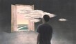 Concept art of freedom dream and hope concept  , ambition idea artwork, surreal painting  man with happiness of landscape nature in a door  , conceptual illustration