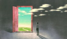 Concept Art Of Freedom Dream Success And Hope Concept  , Ambition Idea Artwork, Surreal Painting  Businessman With Happiness Of Landscape Nature In A Door  , Conceptual Illustration