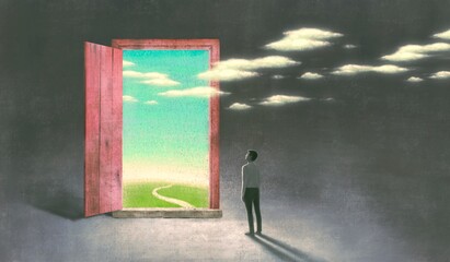 Concept art of freedom dream success and hope concept  , ambition idea artwork, surreal painting  businessman with happiness of landscape nature in a door  , conceptual illustration