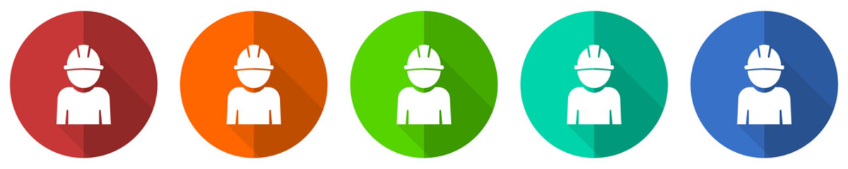 Aufkleber - Engineer icon set, worker, manager, employe, red, blue, green and orange flat design web buttons isolated on white background, vector illustration
