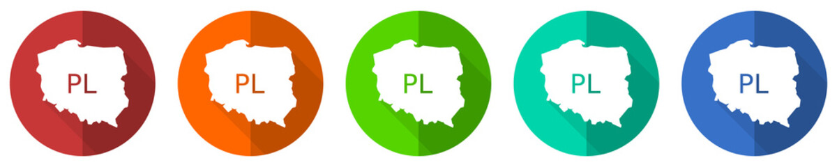 Leinwandbilder - Map of Poland icon set, red, blue, green and orange flat design web buttons isolated on white background, vector illustration