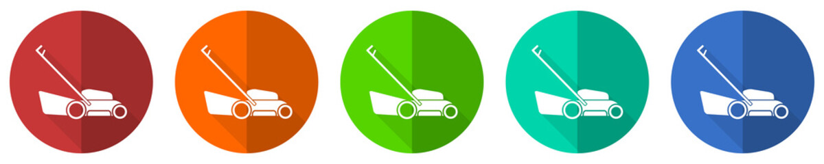 Poster - Lawn mower icon set, red, blue, green and orange flat design web buttons isolated on white background, vector illustration
