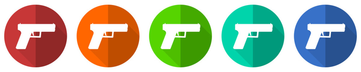 Aufkleber - Pistol, gun, weapon icon set, red, blue, green and orange flat design web buttons isolated on white background, vector illustration