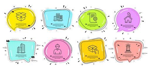 Poster - Skyscraper buildings, Buildings and Home signs. Speech bubbles with quotes. Engineer, Open box and Hold box line icons set. Lighthouse, Technical documentation symbols. Vector