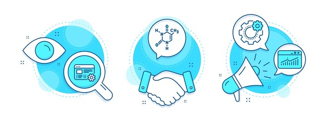 Poster - chemical formula, web settings and website statistics line icons set. handshake deal, research and p