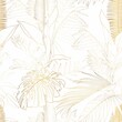 Nature seamless pattern. Hand drawn abstract tropical summer background: fan palm tree leaves in silhouette,  golden line illustration.
