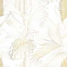 Nature Seamless Pattern. Hand Drawn Abstract Tropical Summer Background: Fan Palm Tree Leaves In Silhouette,  Golden Line Illustration.