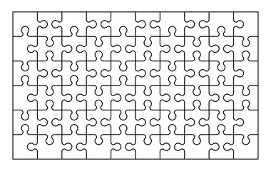 Fototapete - Set of sixty puzzle pieces. Puzzle with different types of details and the ability to move each part. Black and white vector illustration.