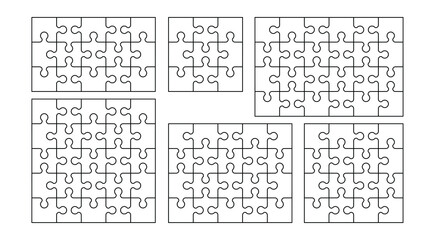 Fototapete - Set of black and white puzzle pieces. Has different sizes namely 9, 15, 16, 20, 24, 25 pieces. Stock vector illustration on isolated white background.