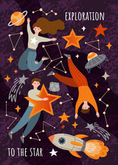 Wall Mural - space exploration poster design with young people, stars, a rocket and the constellations, colored v