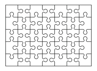 Wall Mural - Set of thirty five jigsaw puzzle pieces. Puzzle with different types of details and the ability to move each part. Black and white vector illustration