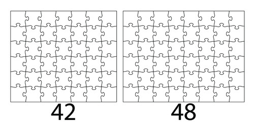 Fototapete - Set of forty two and forty eight puzzle pieces. Puzzle with different types of details and the ability to move each part. Black and white vector illustration.