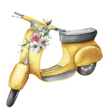 Watercolor Card With Yellow Scooter And Anemones Bouquet. Hand Painted Summer Illustration With Pink And White Flowers Isolated On White Background. For Design, Prints, Fabric Or Background.
