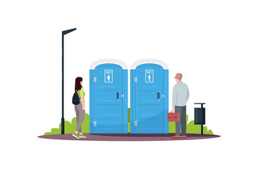 Poster - Woman and man in a queue for public toilets semi flat RGB color vector illustration. Mobile blue water closets. People waiting in a line at wc. Isolated cartoon characters on white background