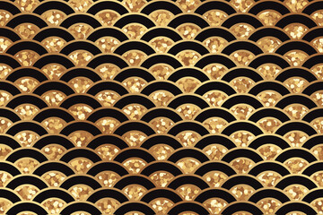 Wall Mural - Modern geometric luxury background for business or presentation or greeting card with golden lines and black and golden glitter chinese scales.