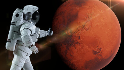 Wall Mural - astronaut showing thumbs up in front of planet mars