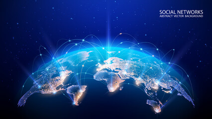 Poster - Vector. Map of the planet. World map. Global social network. Future. Blue futuristic background with planet Earth. Internet and technology. Floating blue plexus geometric background.