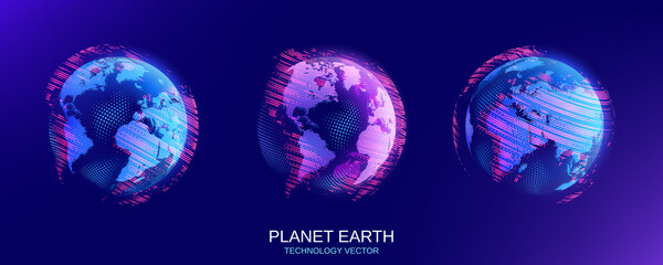 Poster - Vector illustration. Set of isolated objects. Planet Earth. Global map. Future. Modern technological dark blue background. World Wide Web Internet. Technology, innovation and communication.