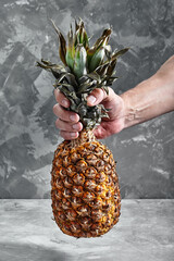 Pineapple in hand on the cement background