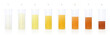 Urine samples in specimen cups with different colored urine - gradation from clear to yellow and orange and even darker. Indicator of the level of dehydration. Vector on white.
