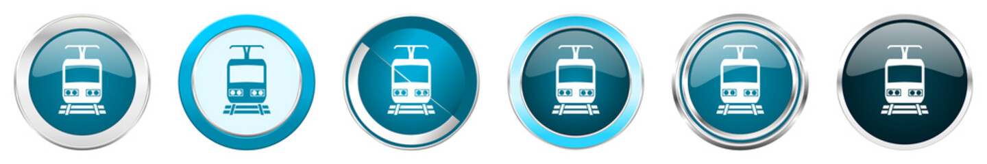 Poster - Train silver metallic chrome border icons in 6 options, set of web blue round buttons isolated on white background
