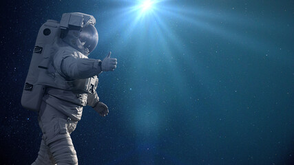 Wall Mural - astronaut showing thumbs up during spacewalk in empty space