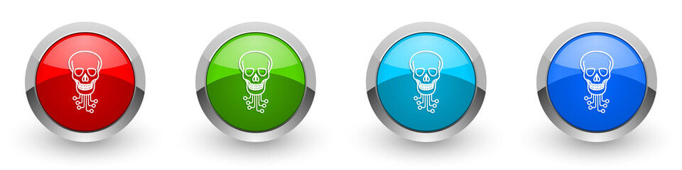 Aufkleber - Hack silver metallic glossy icons, virus, circuit, skull, hacker concept set of modern design buttons for web, internet and mobile applications in four colors options isolated on white background
