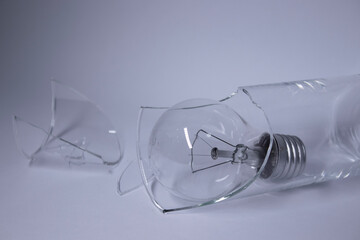 light bulb in a broken glass on a white background. Copy space. Isolated. High quality photo