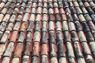 Close-up view of Italian classic old red roof tile pattern background texture