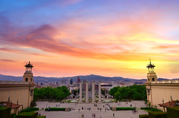 Wall Mural - June 15, 2019 - Barcelona, Spain -  The four columns below the Palau Nacional on the Montjuic mountain and near the Placa d'Espanya and Poble Espanyol in Barcelona, Spain.