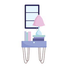 Sticker - home interior table with lamp and books isolated design icon white background