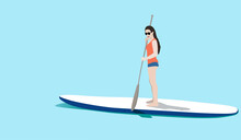 Young European Woman Standing On Sup Board Isolated