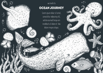 Wall Mural - Sea animals hand drawn collection. Sketch illustration. Cachalot, cramp-fish, octopus, starfish, jellyfish, seaweed illustration. Vintage design template. Undersea world.