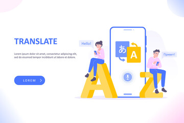 Online multi language translator app concept. Multilingual communication between people. Using translate app on smartphone for learning language. Dialogue between foreign people, vector illustration