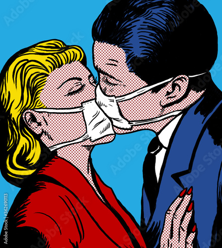 Fotografie, Obraz kissing couple with antiviral medical mask, in the style of 60s comic books, pop