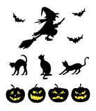 Fototapeta Tulipany - Halloween silhouettes collection: witch flies on a broomstick, bats, three cats and pumpkins. Hand drawn illustration.
