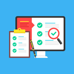 Poster - Checklist. Computer with check list on screen and clipboard with checklist and checkboxes with green ticks. Online survey, exam, audit, report, poll concepts. Modern flat design. Vector illustration