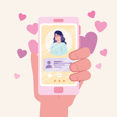 Poster - online dating service application, hand holding smartphone with woman profile, modern person looking for couple, social media, virtual relationship communication concept vector illustration design