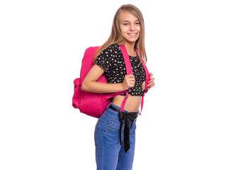 Student teen girl with backpack looking at camera. Portrait of cute smiling schoolgirl with bag, isolated on white background. Happy child Back to school.