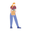 © Stockgiu - young woman with medical mask and grocery bag with food, prevention covid 19 coronavirus