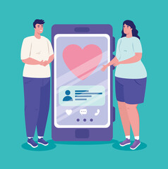 Canvas Print - online dating service application, smartphone with heart and couple, modern people looking for couple, social media, virtual relationship communication concept vector illustration design